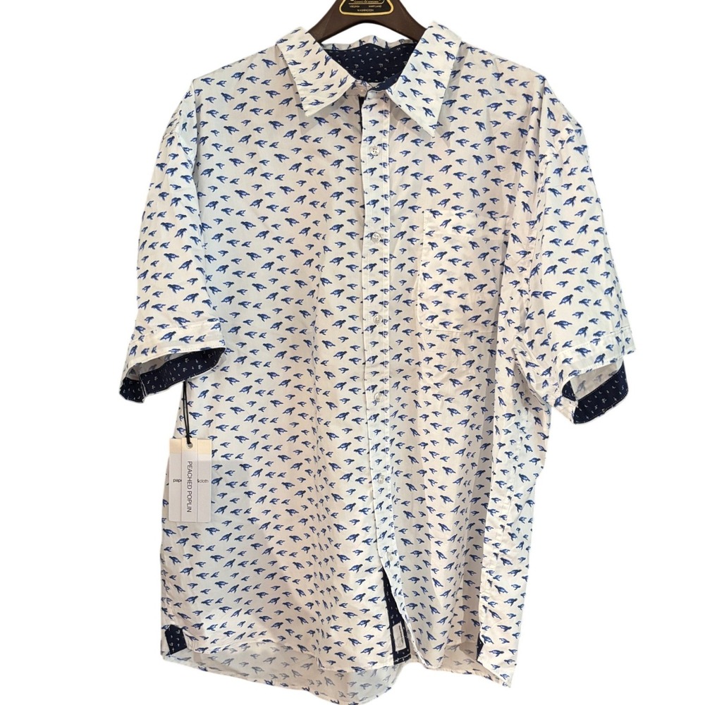 Paper Denim & Cloth Mens 3X Sea Turtle Print Peached Poplin Shirt White Blue NEW